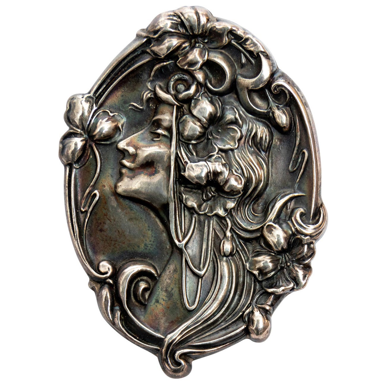 Antiquaria Art Nouveau Jugendstil Silver Brooch Pin Woman in Profile