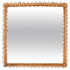 Midcentury French Riviera Bamboo and Rattan Frame Squared Wall Mirror, 1960s