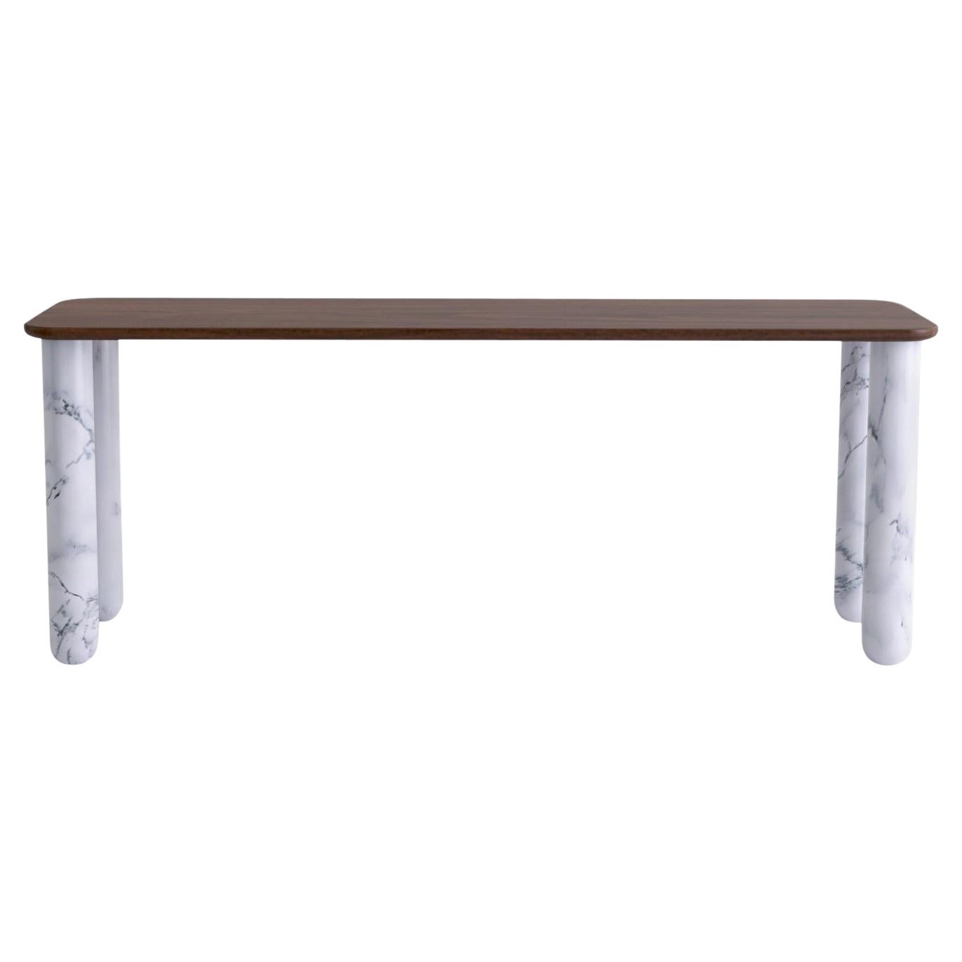 Large Walnut and White Marble "Sunday" Dining Table, Jean-Baptiste Souletie For Sale