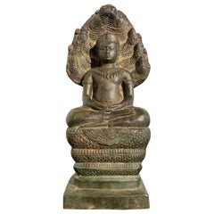 Antique Khmer Cast Bronze Buddha Sheltered by Naga, 19th Century, Cambodia 