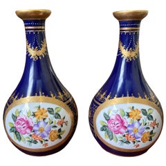 Pair of Royal Vienna Decanter Shaped Cobalt Blue Bud Vases
