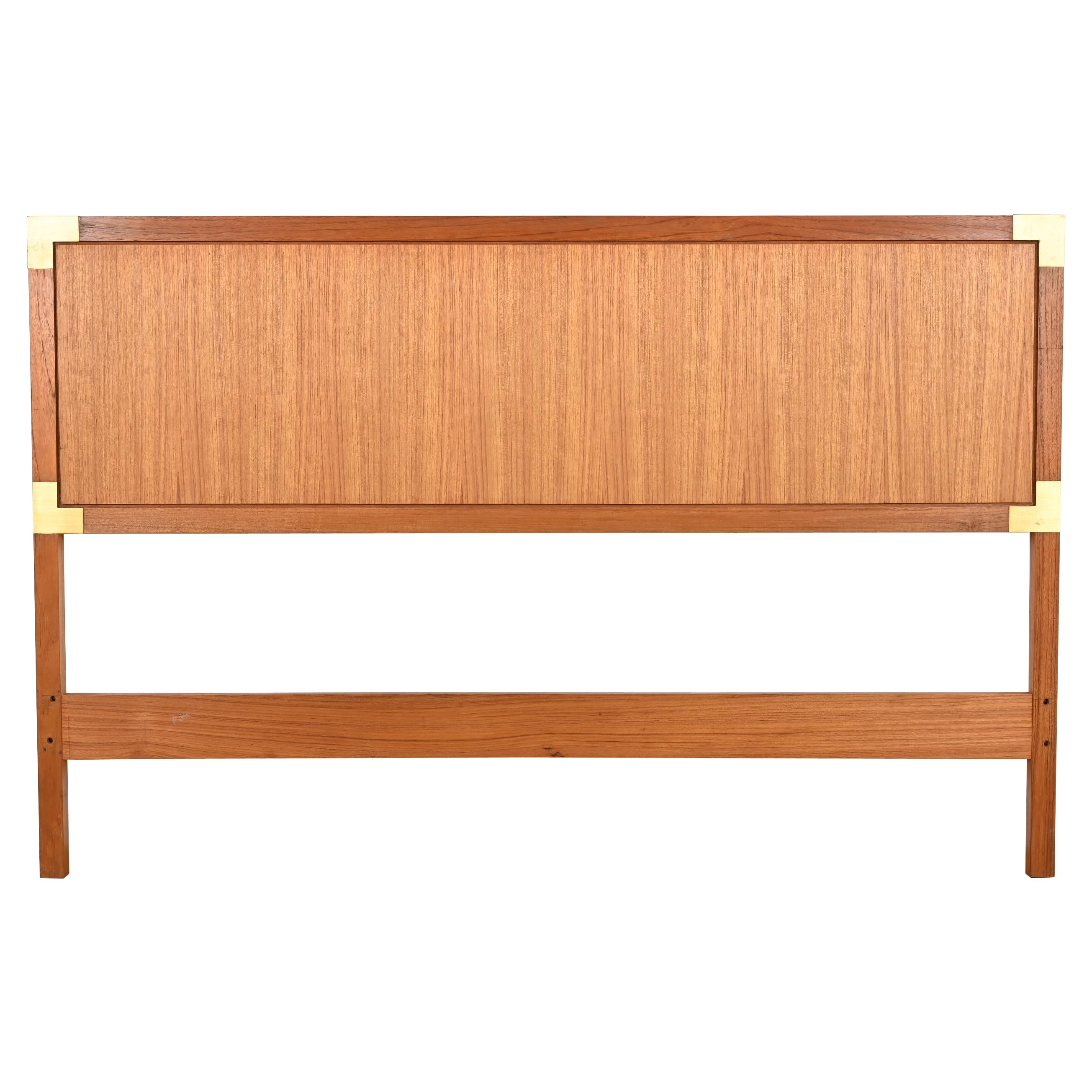 Midcentury Danish Modern Teak and Brass Campaign Queen Size Headboard