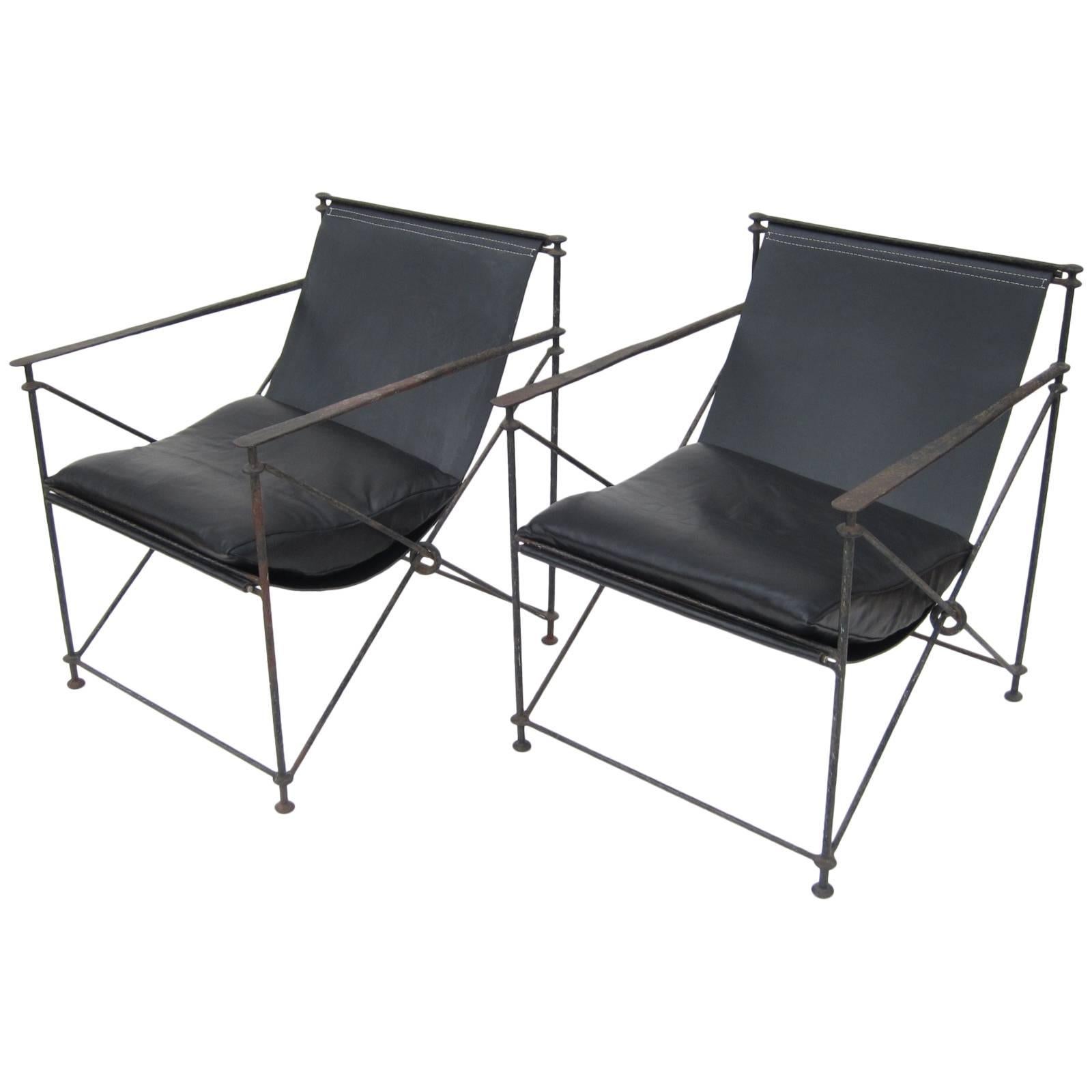 Pair of Wrought Iron X-Base Leather Sling Chairs For Sale