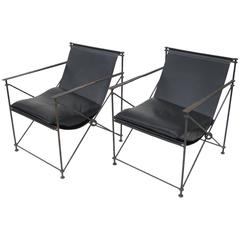 Pair of Wrought Iron X-Base Leather Sling Chairs