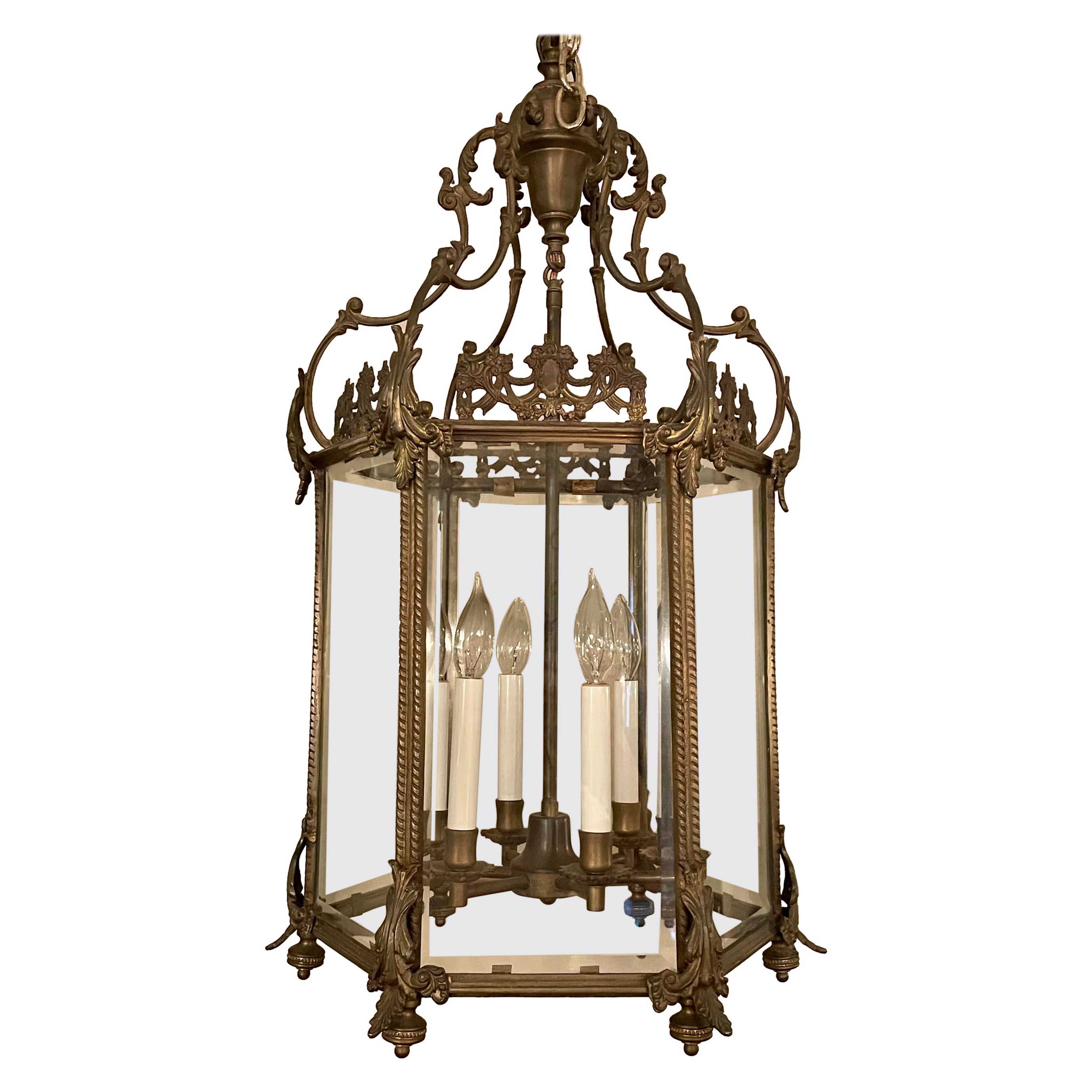 French Bronze Lantern with Beveled Glass For Sale