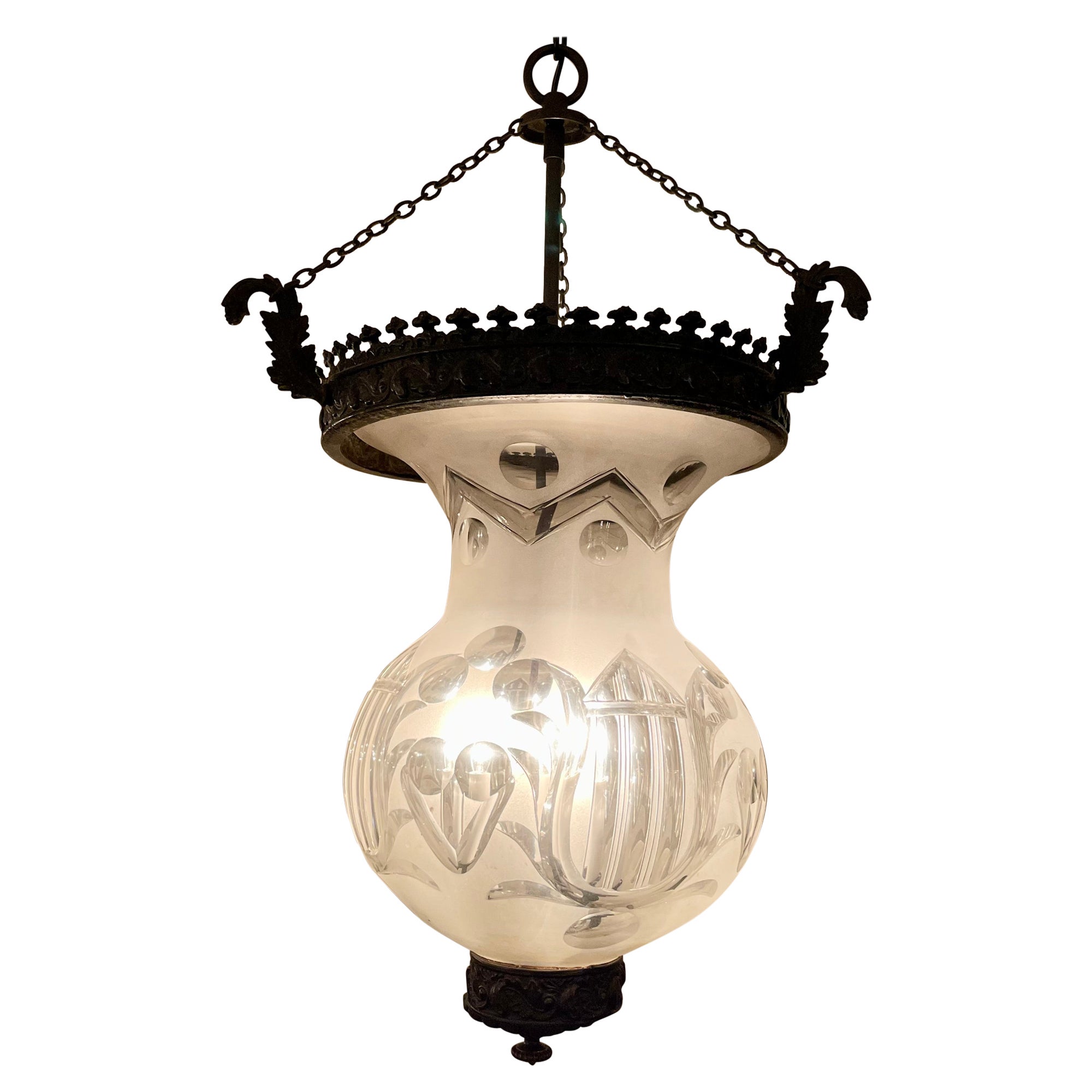 Lanterne ancienne en verre taillé circa 1890-1910