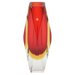 Mandruzzato Vintage Murano Red and Yellow Sommerso Faceted Glass Vase Italian