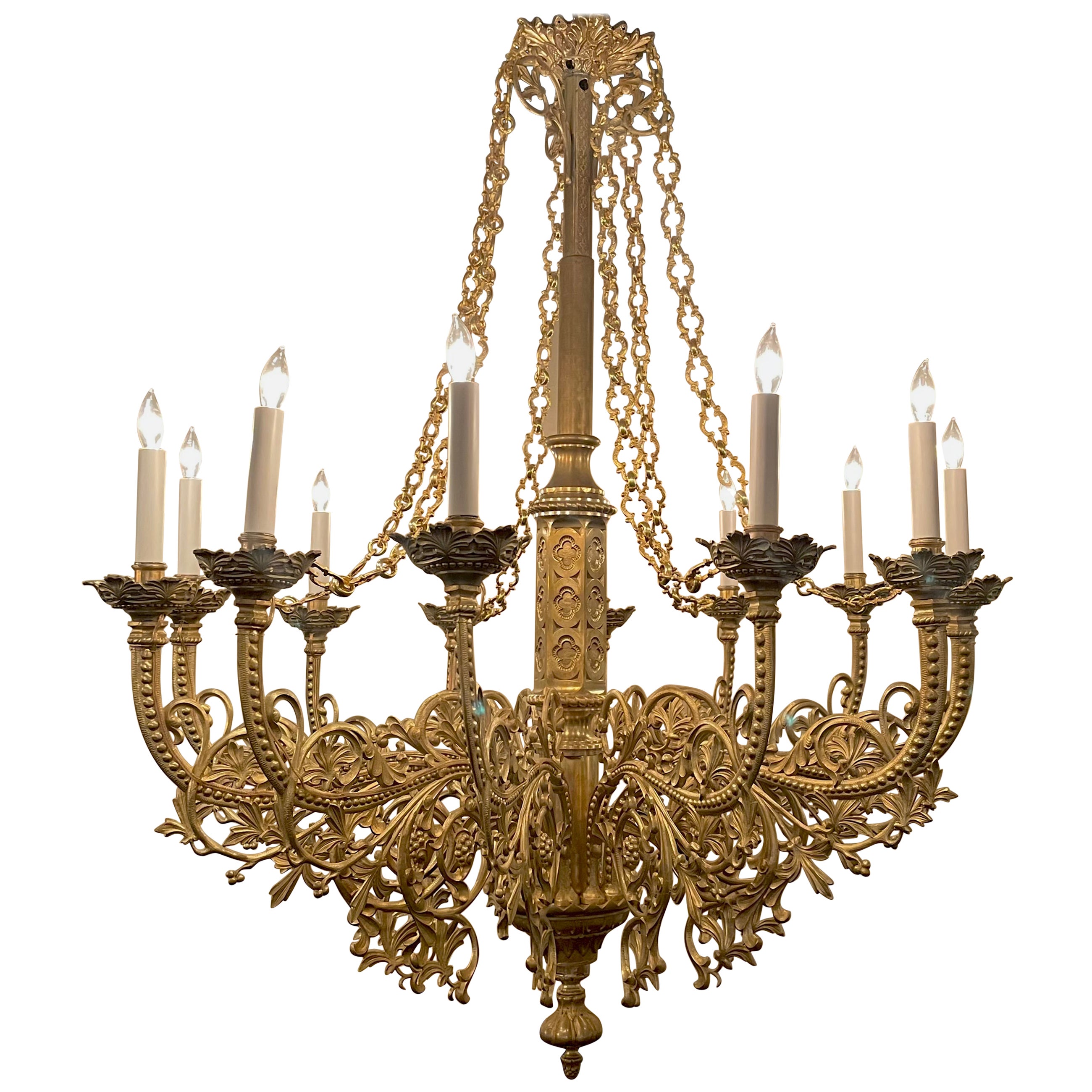 Antique Gothic Brass Chandelier with 12 Lights For Sale