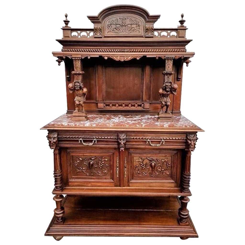 Antique French Carved Ornate Walnut Figural Server Buffet Cabinet For Sale