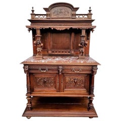 Antique French Carved Ornate Walnut Figural Server Buffet Cabinet