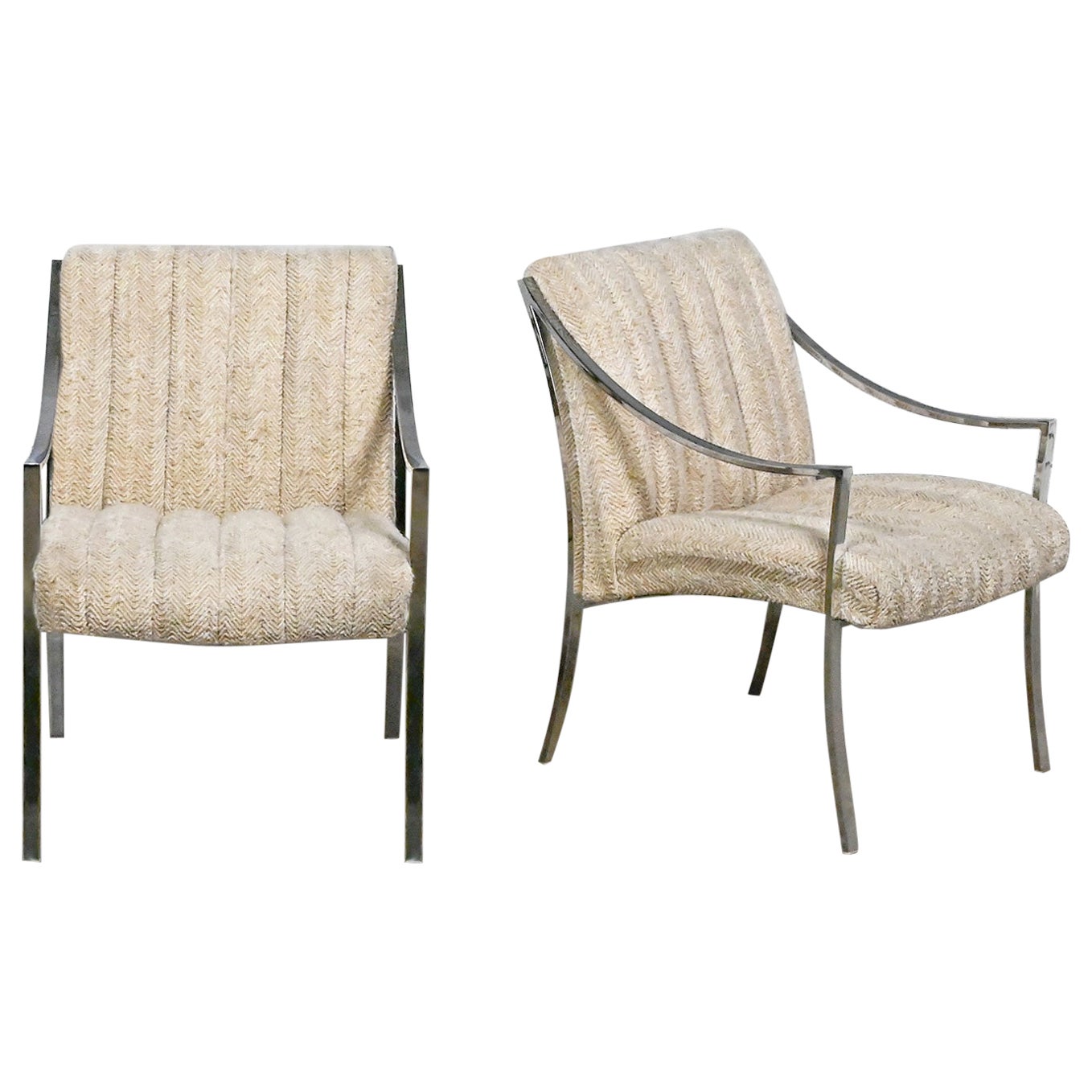 Modern Accent Chairs by Carsons Inc Chrome Frames & Oatmeal Herringbone a Pair For Sale