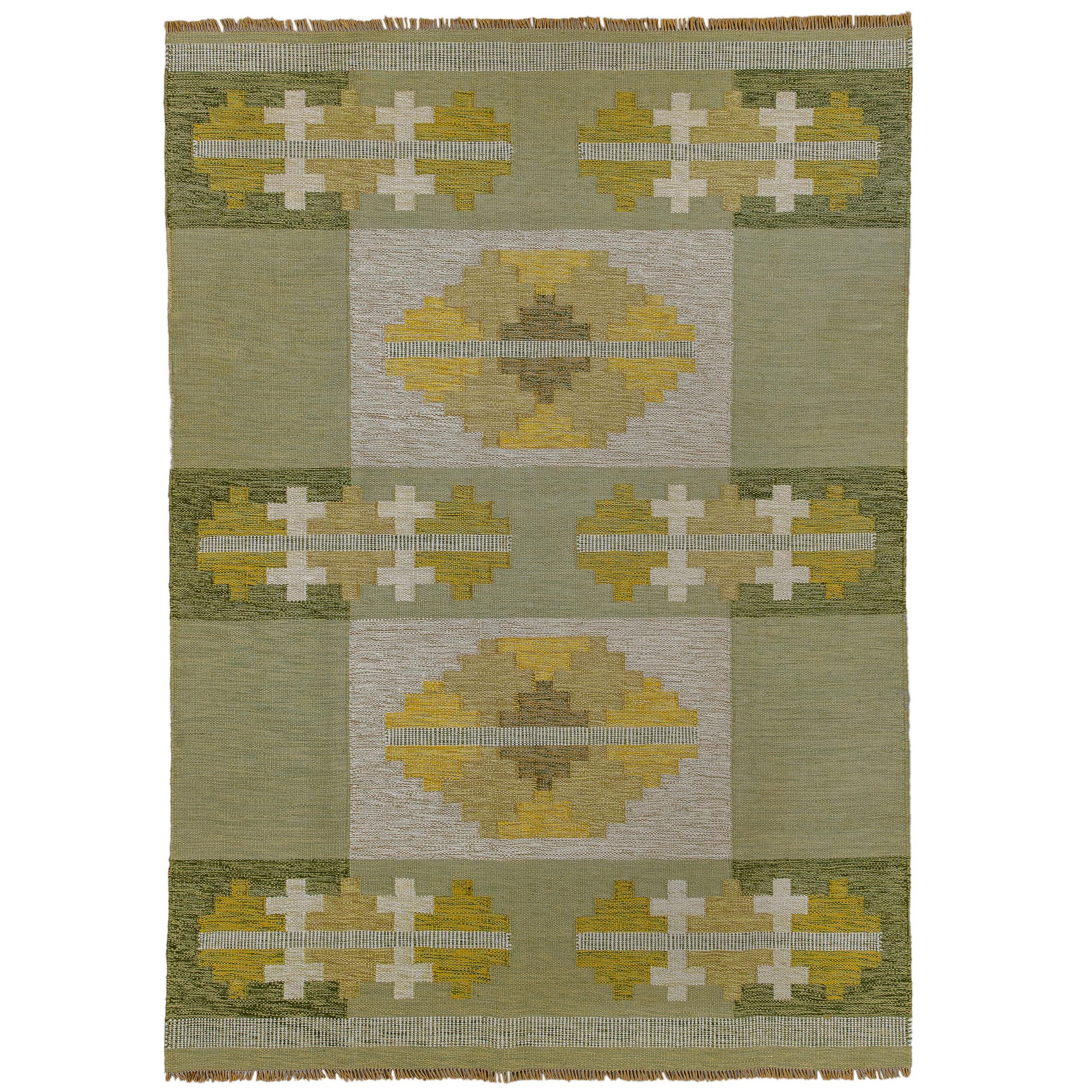 Eliko Rugs by David Ariel Schwedischer Rollakan-Teppich im Vintage-Stil, grün/gelbe Palette im Angebot