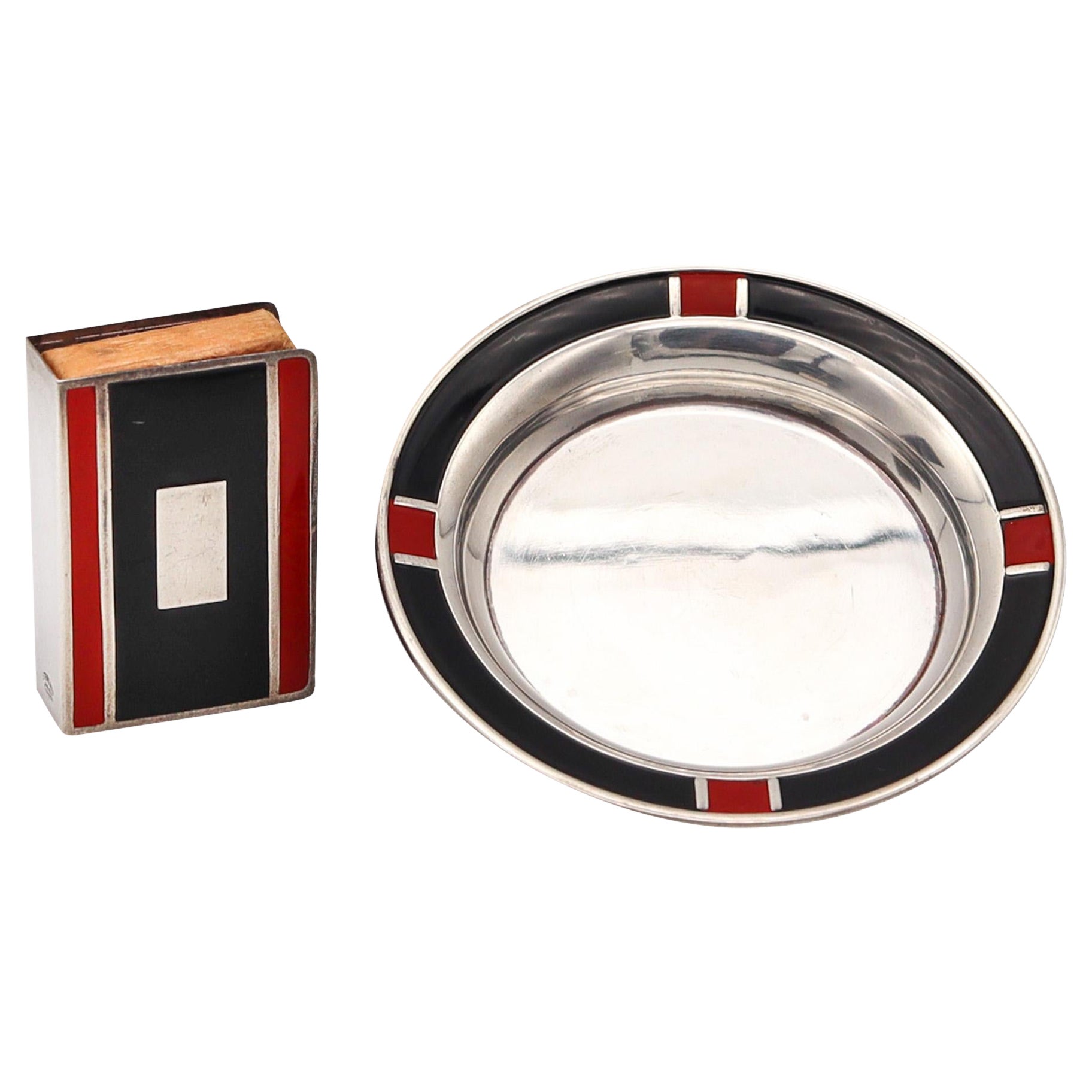 Webster & Sons 1925 Art Deco Red & Black Enameled Smoking Set in Sterling Silver For Sale