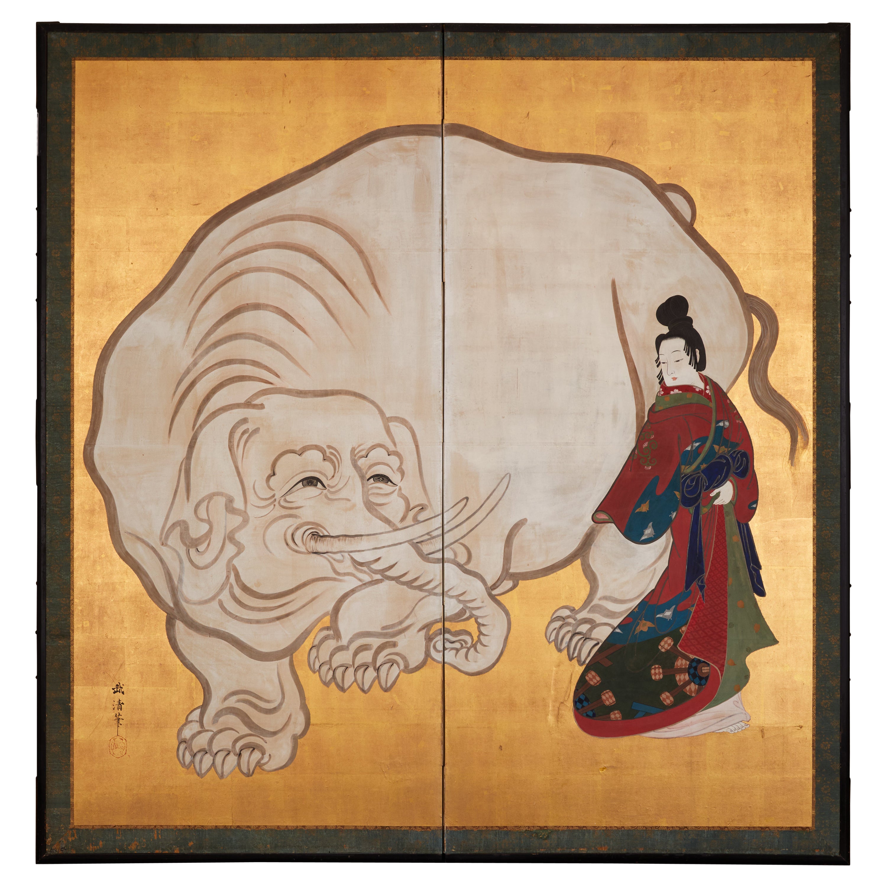 Japanese Two Panel Screen: White Elephant and a Beauty For Sale