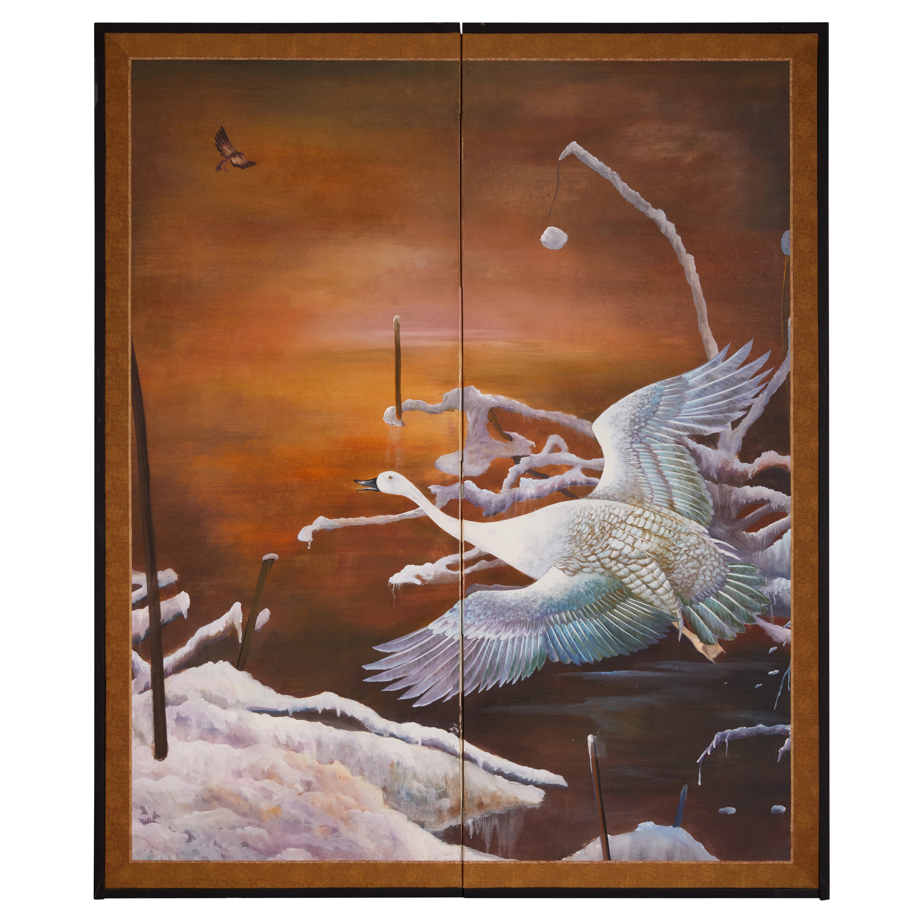 Japanese Two Panel Screen: Snow Goose in Flight at Dawn For Sale