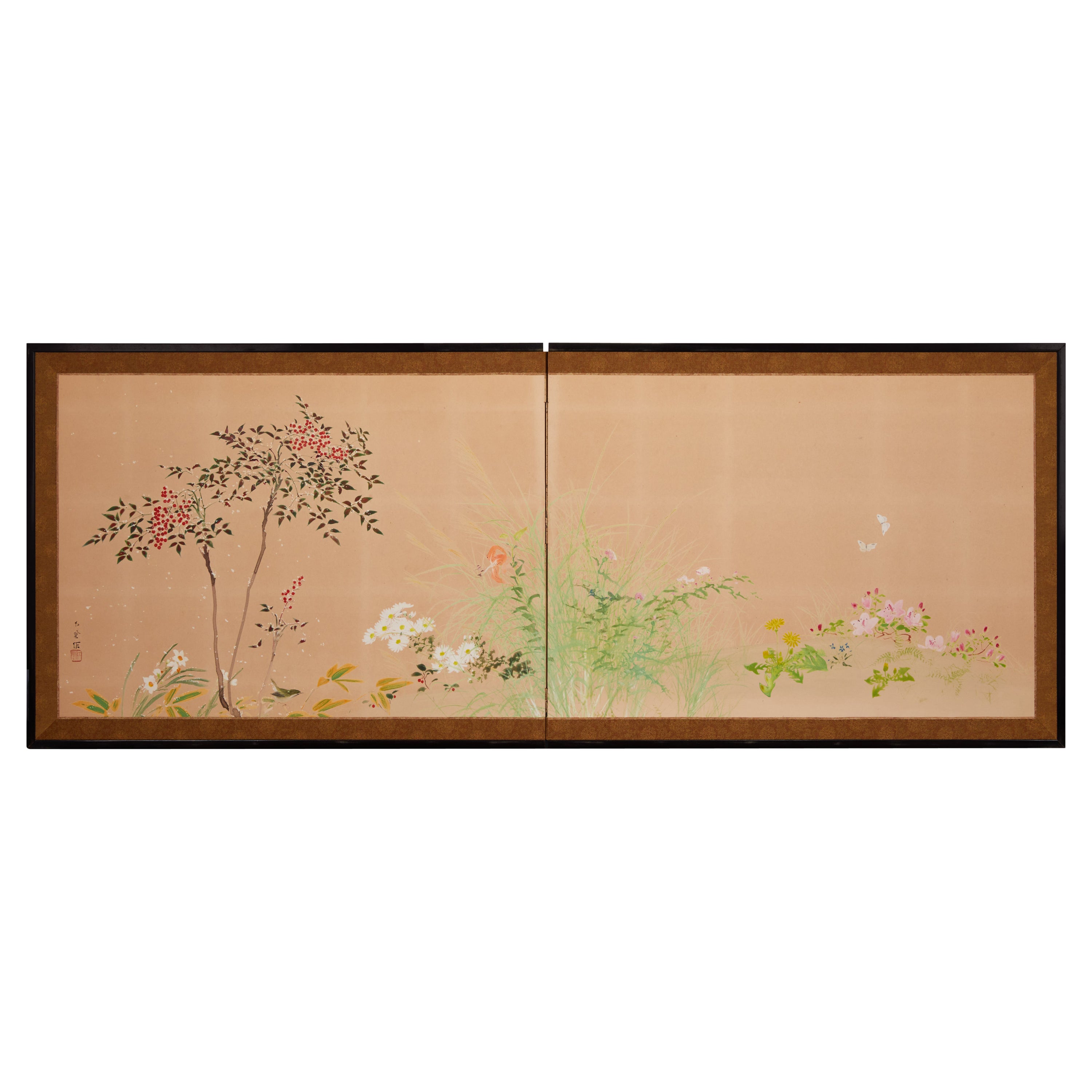 Japanese Two Panel Screen: Winter into Spring Floral Landscape For Sale
