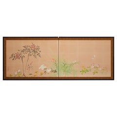 Antique Japanese Two Panel Screen: Winter into Spring Floral Landscape
