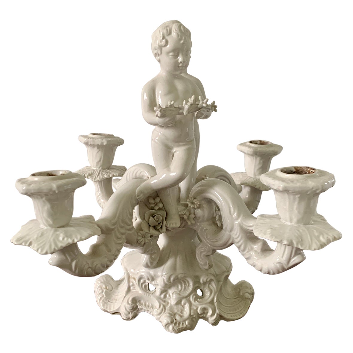 Neoclassical Italian White Porcelain Four-Arm Candelabra with Putti For Sale