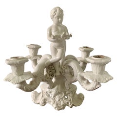 Neoclassical Italian White Porcelain Four-Arm Candelabra with Putti