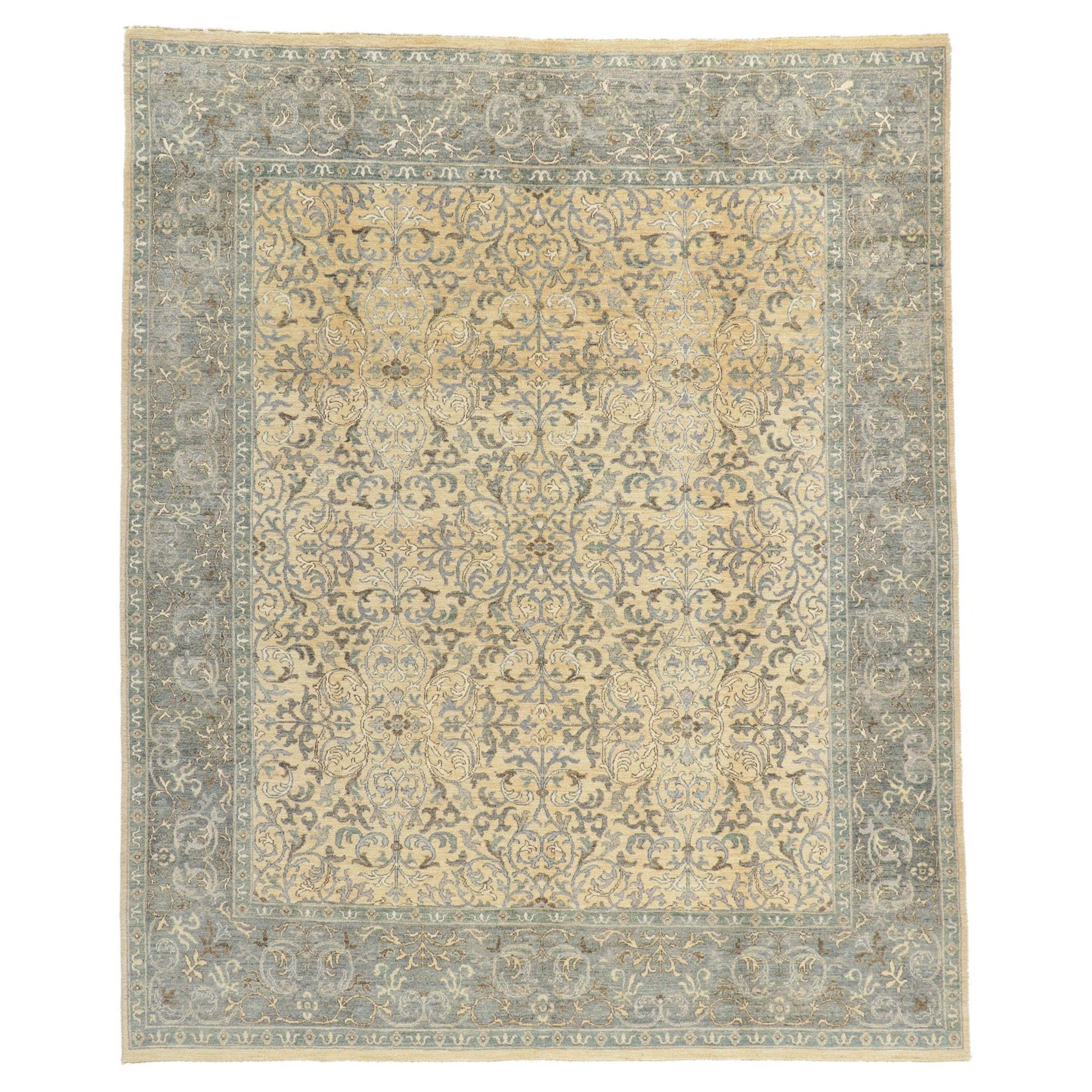 New Transitional Damask Scroll Rug with Soft Earth-Tone Colors For Sale