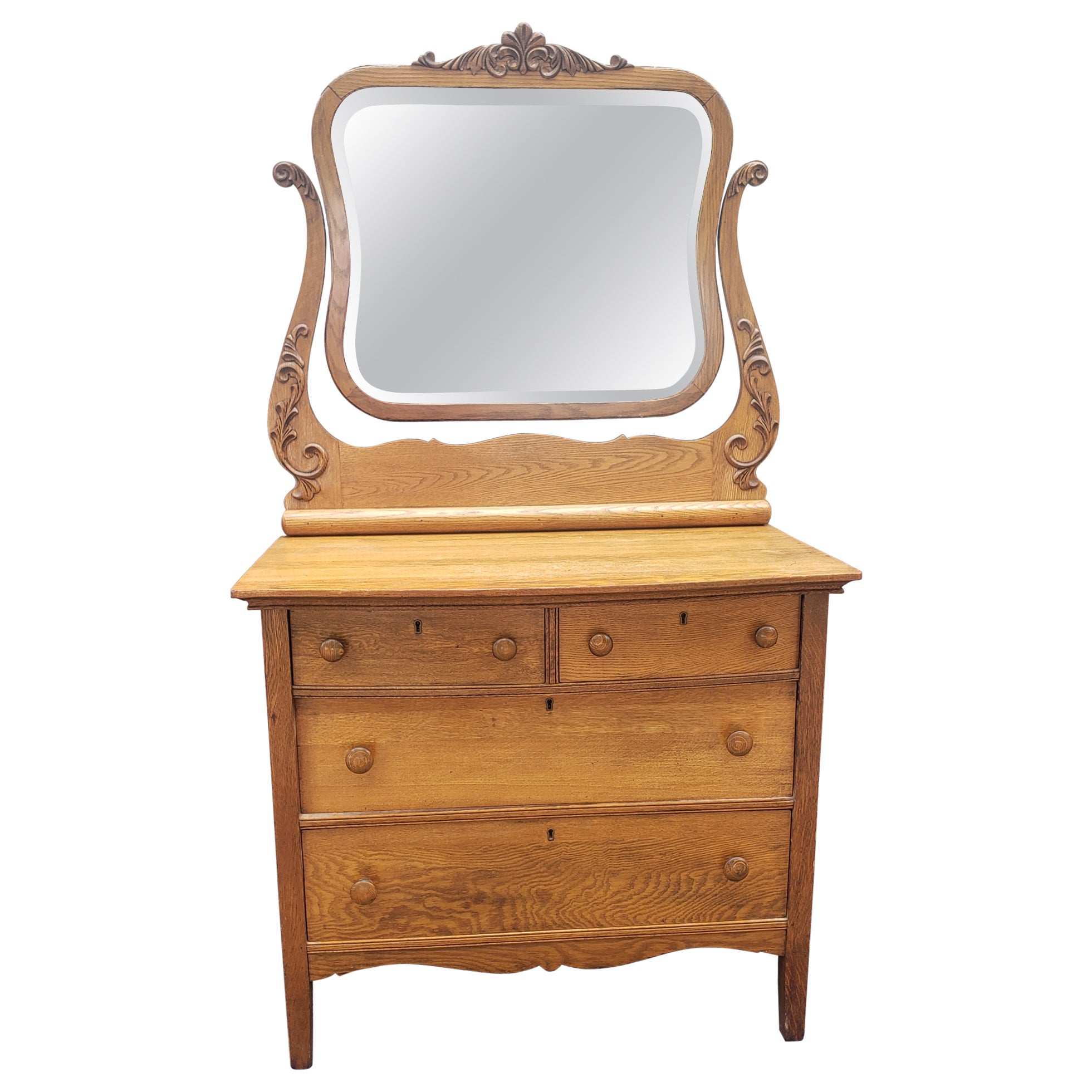 Late 19th Century Victorian Carved Tiger Oak Dresser with Mirror 