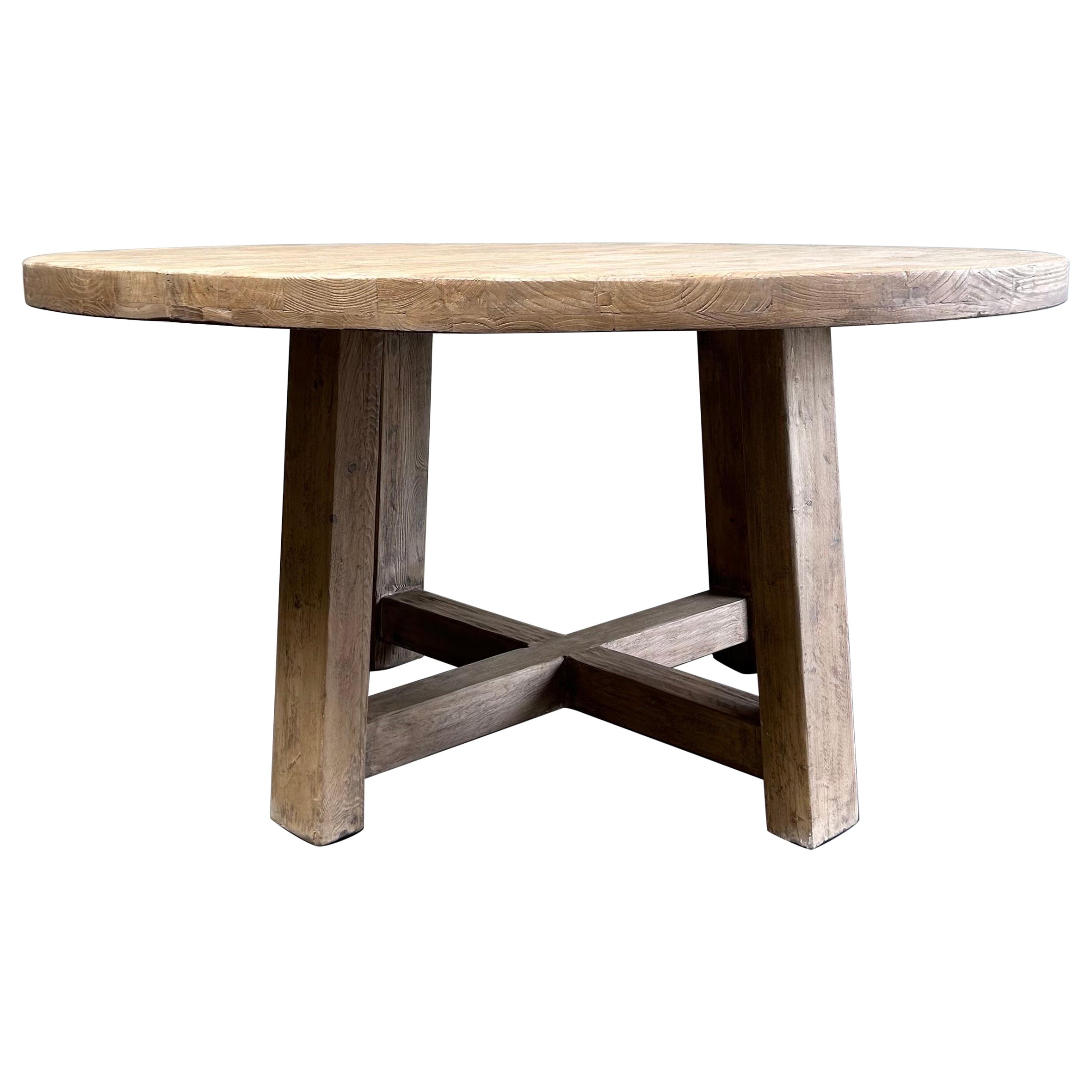 Custom Made Reclaimed Elm Wood Round Dining Table For Sale