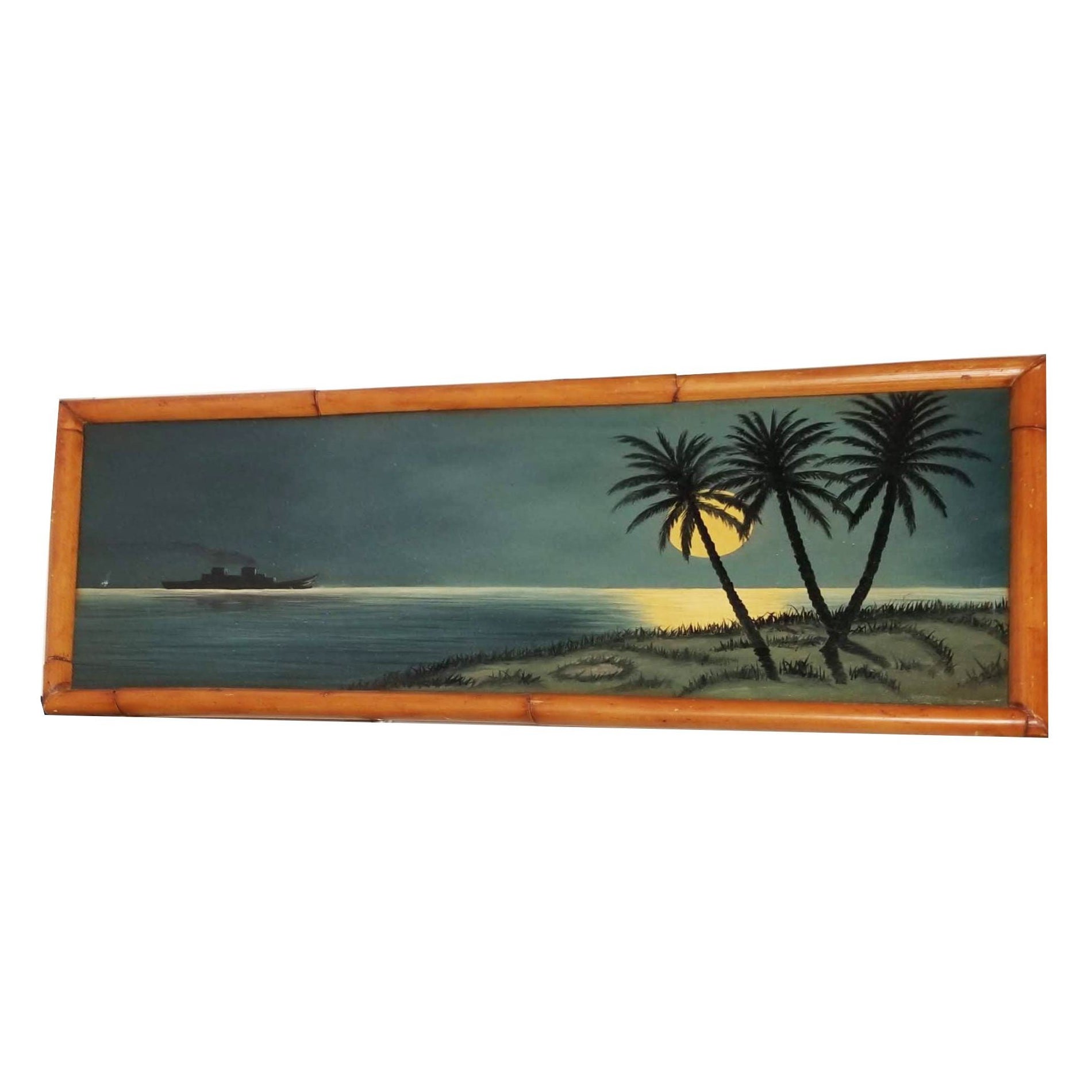 Hawaiian Oil on Canvas Ocean Liner Full Moon Scenic Landscape, Rattan Frame