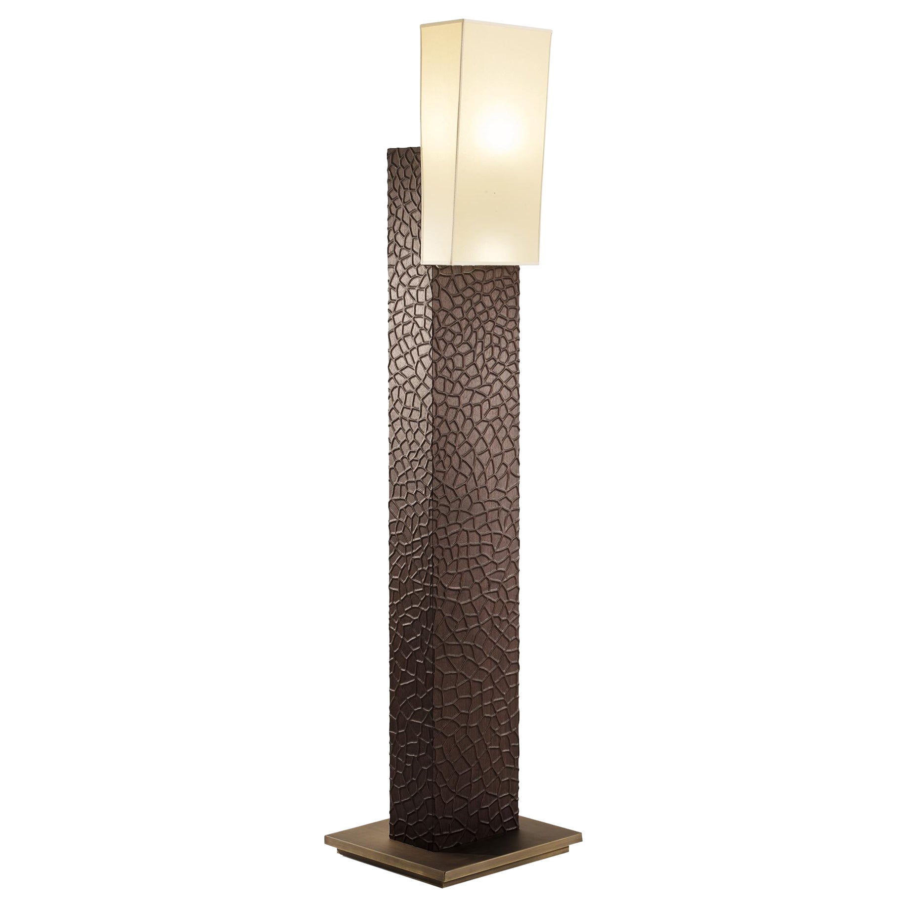 Theba Floor Lamp with Wooden Column, Parchment Shade and Bronzed Base