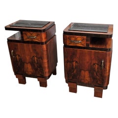 Pair of Italian Art Deco Night Stands Bed Tables in Burl Walnut Portoro Marble