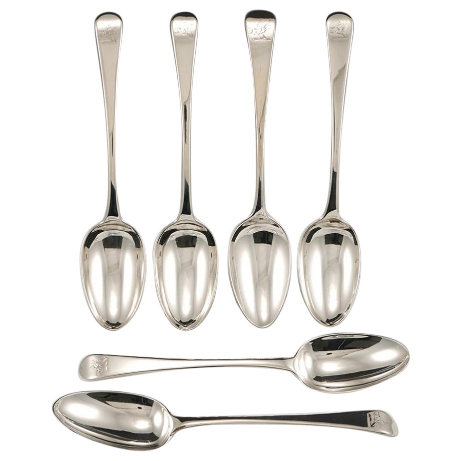 Set of 6 Sterling Silver Hanoverian Pattern Dessert Spoons London, 1792