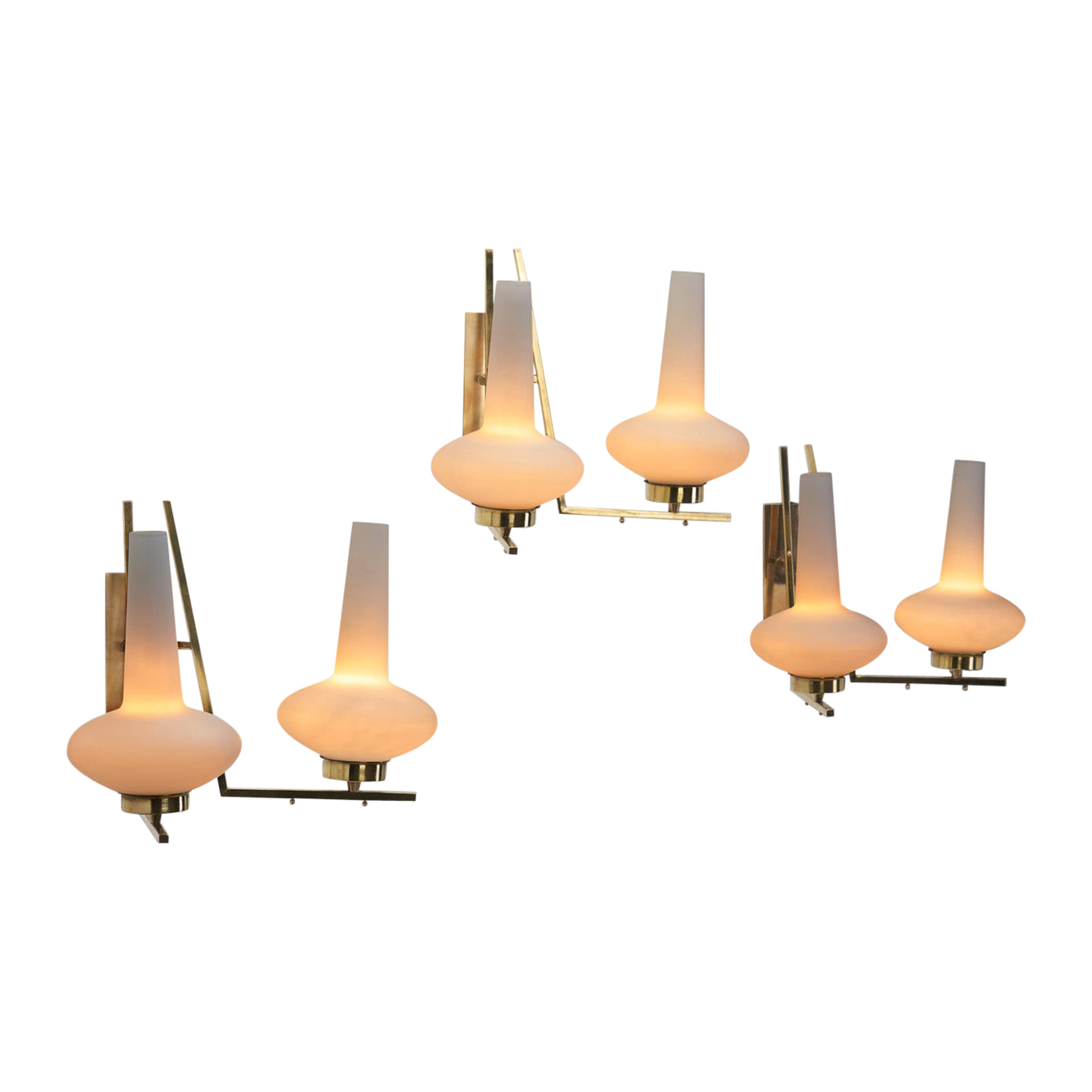 Italian Mid-Century Modern Brass and Glass Wall Lamps, Italy 1950s