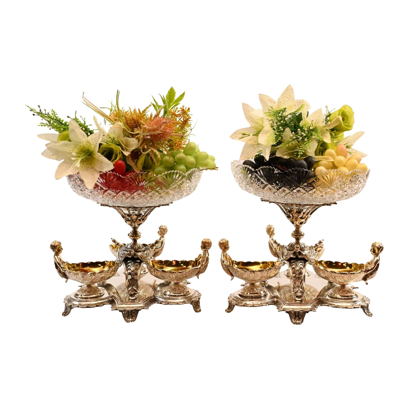 Pair Silver Plate Cherub Dishes, Glass Bowl Comports Sheffield Dippers Centrepi For Sale