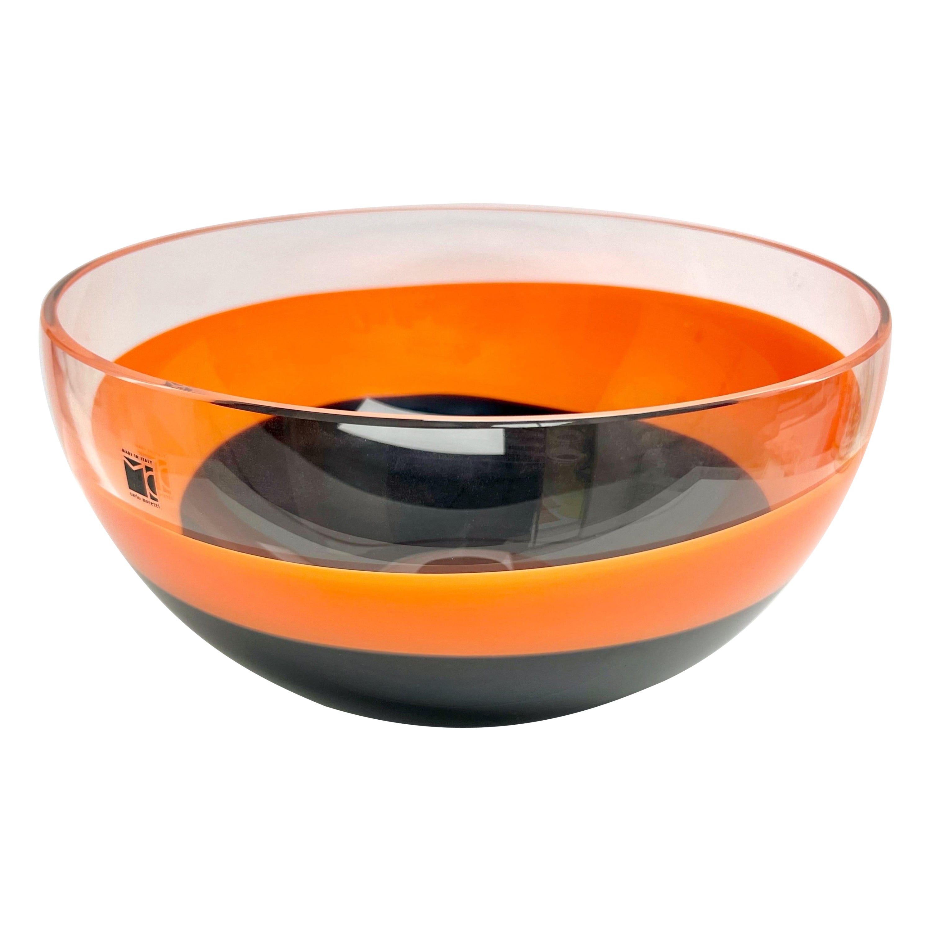Carlo Moretti Murano Art Glass Post Modern Orange Black Large Bowl Centerpiece