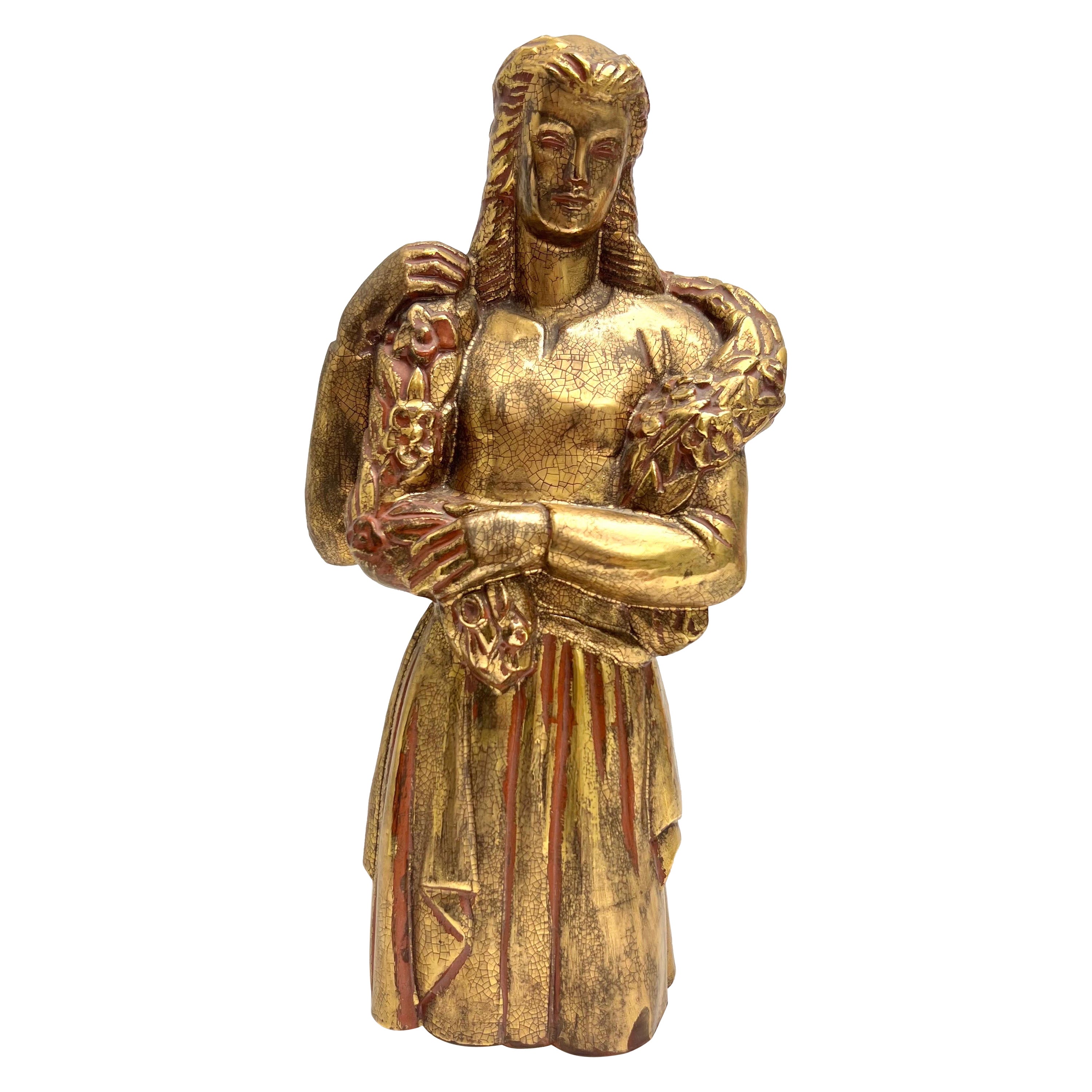 Sculpture Art Déco en terre cuite dorée d'une fille avec une guirlande