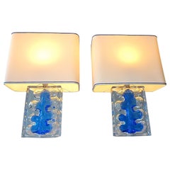 Signed Pair Daum Sculptural Table Lamps Blue Clear Crystal Glass France 1970s