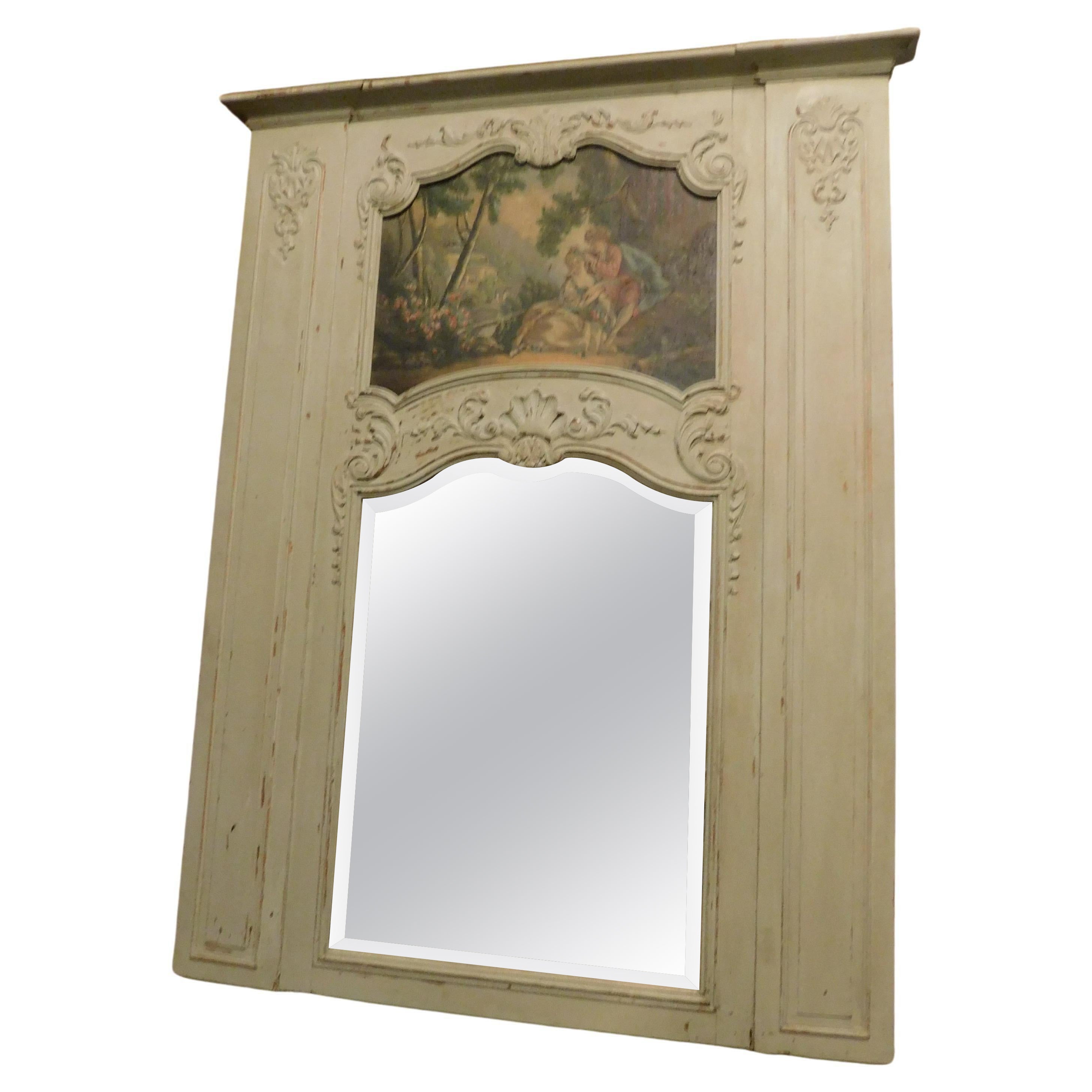 Antique Mirror for Fireplace, Lacquered, Carved and Painted, 19th Century France