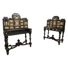 Pair of Antique Rare Richly Inlaid Wooden Coin Cabinets, 18th Century, Italy