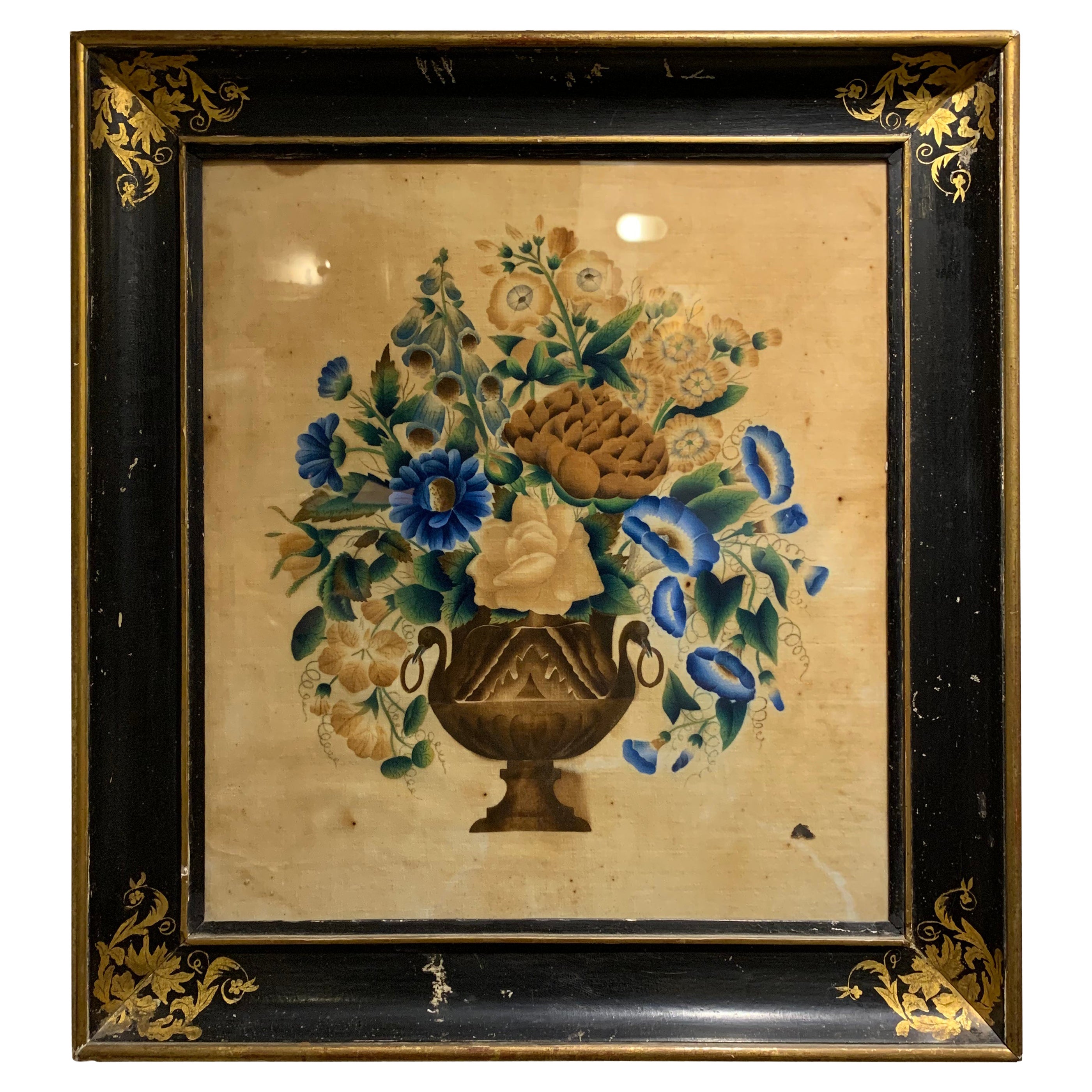 Peinture française du 19ème siècle représentant une urne remplie de fleurs sur velours  en vente