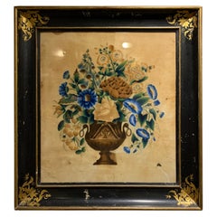 Peinture française du 19ème siècle représentant une urne remplie de fleurs sur velours 