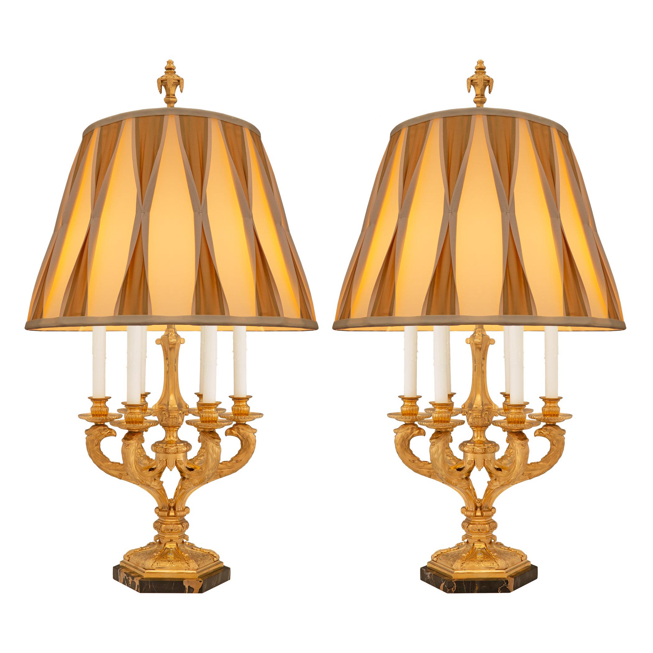 Pair of French Louis XIV St. Ormolu and Portoro Marble Candelabra Lamps For Sale