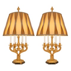 Used Pair of French Louis XIV St. Ormolu and Portoro Marble Candelabra Lamps