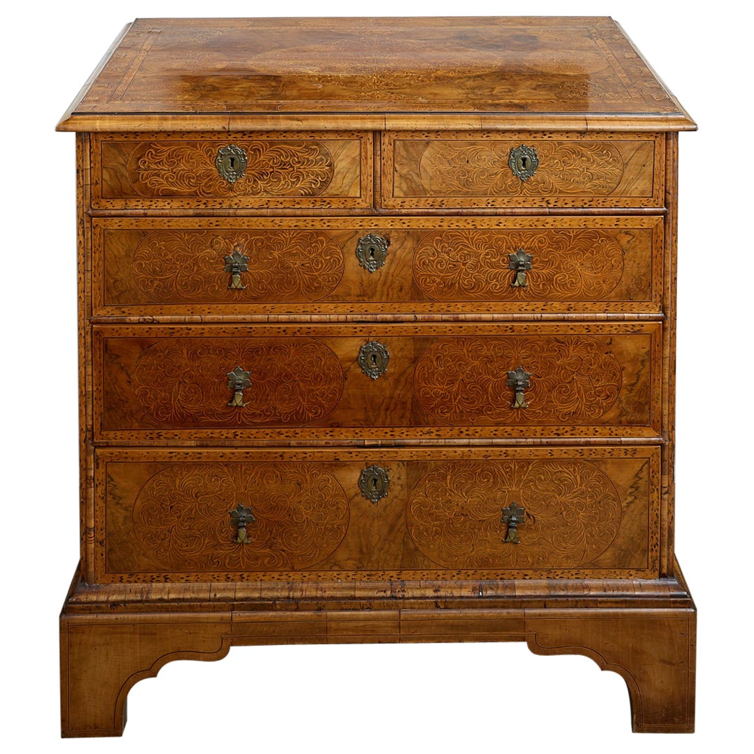  18th Century English,  Burled Walnut, Inlaid Chest of Drawers For Sale