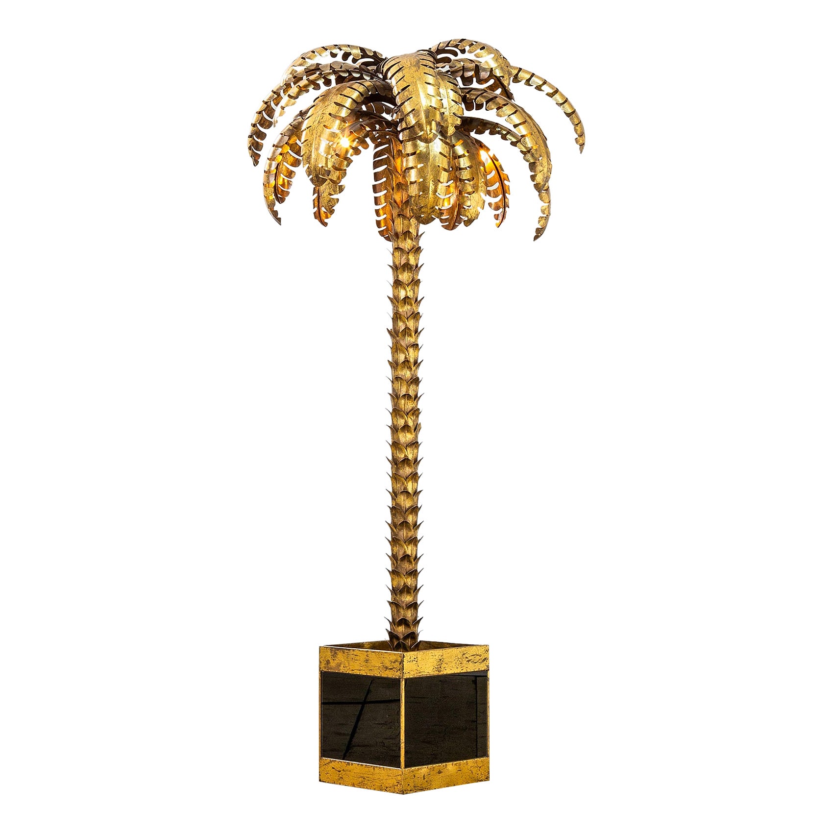 20th Century Maison Jansen Lighting Palm Tree in Brass and Glass, 70s For Sale