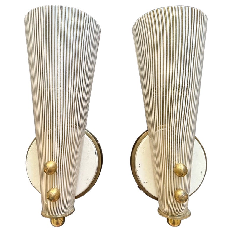 Pair of Vintage Brass and Glass Wall Lights For Sale