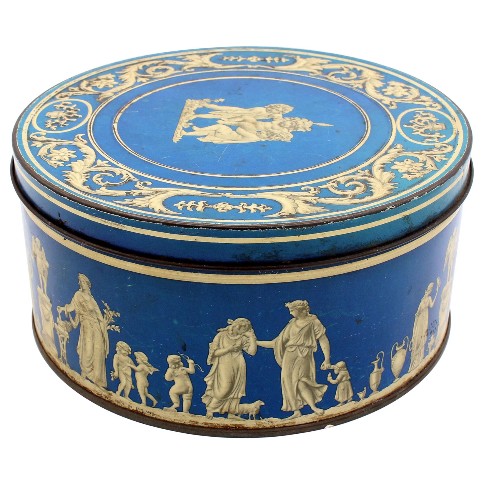 Boîte à biscuits en jaspe bleu "Wedgewood" par Huntley & Palmers, vers 1900  en vente