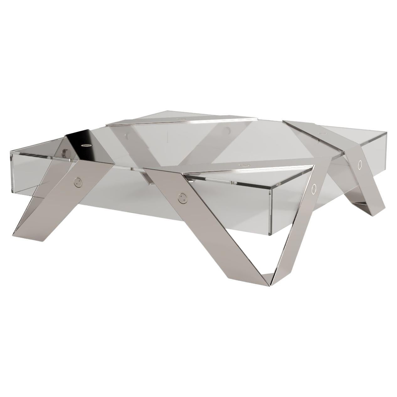 Modern Minimalist Square Center Coffee Table Tempered Glass and Stainless Steel For Sale