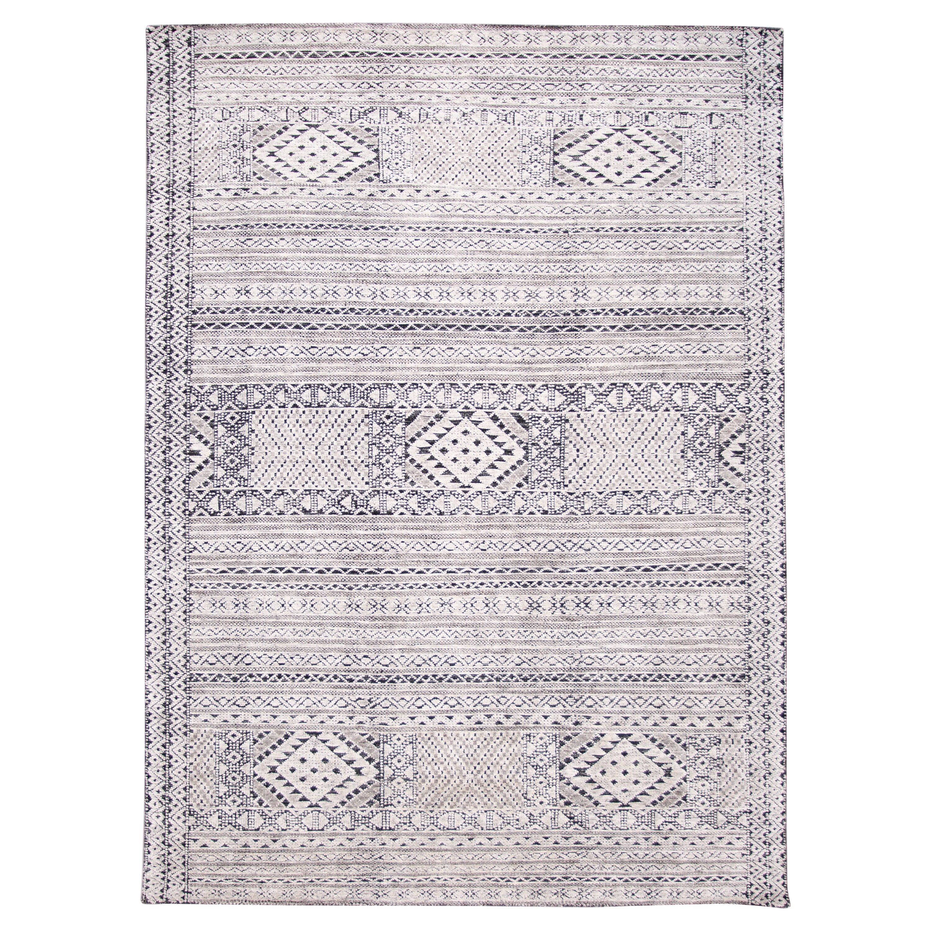 Modern Moroccan Style Wool Rug with Allover Design in Ivory & Gray For Sale