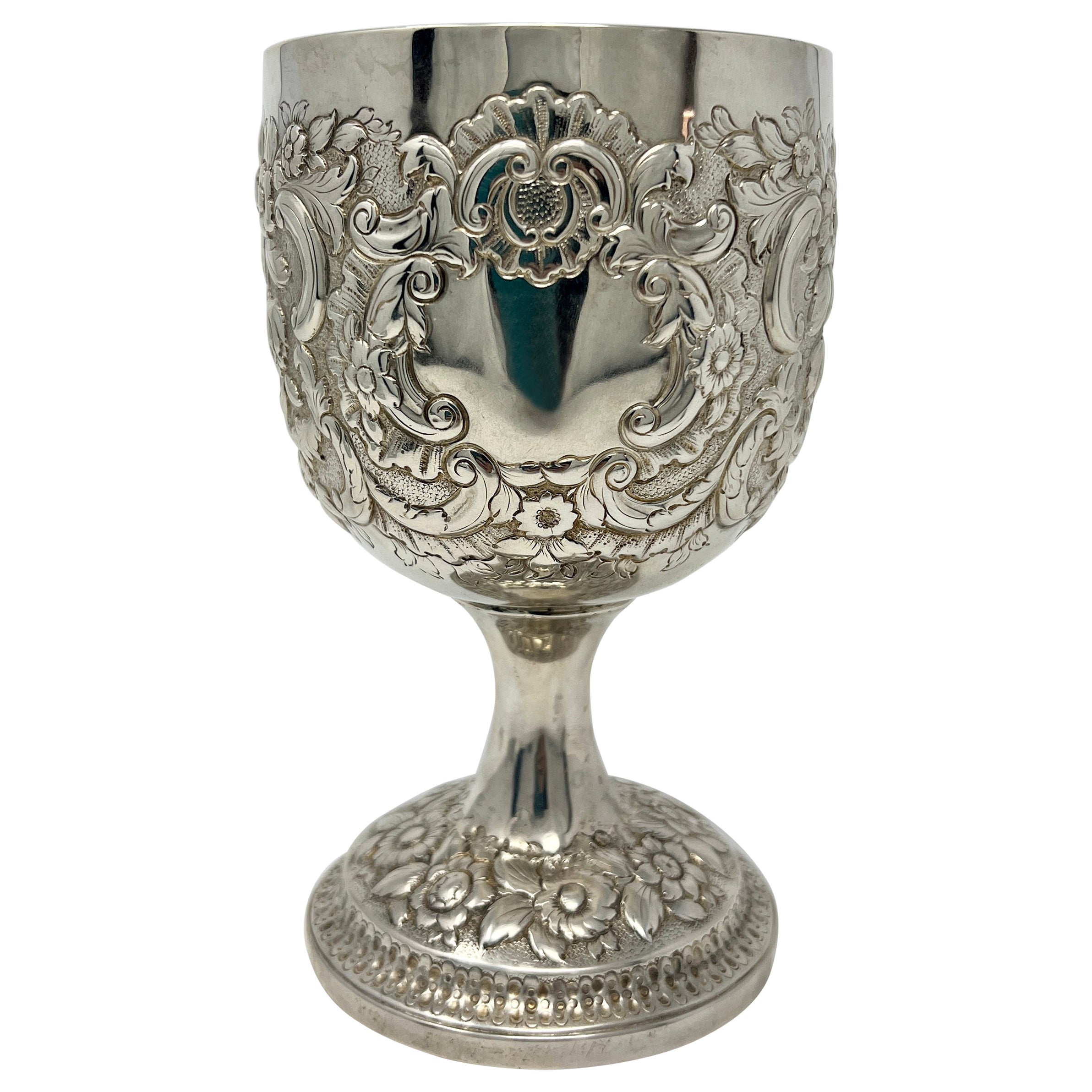 Antique English Sterling Silver Repoussé Goblet For Sale