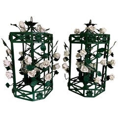 Pair Chinoiserie Green Lanterns with White Porcelain Flowers