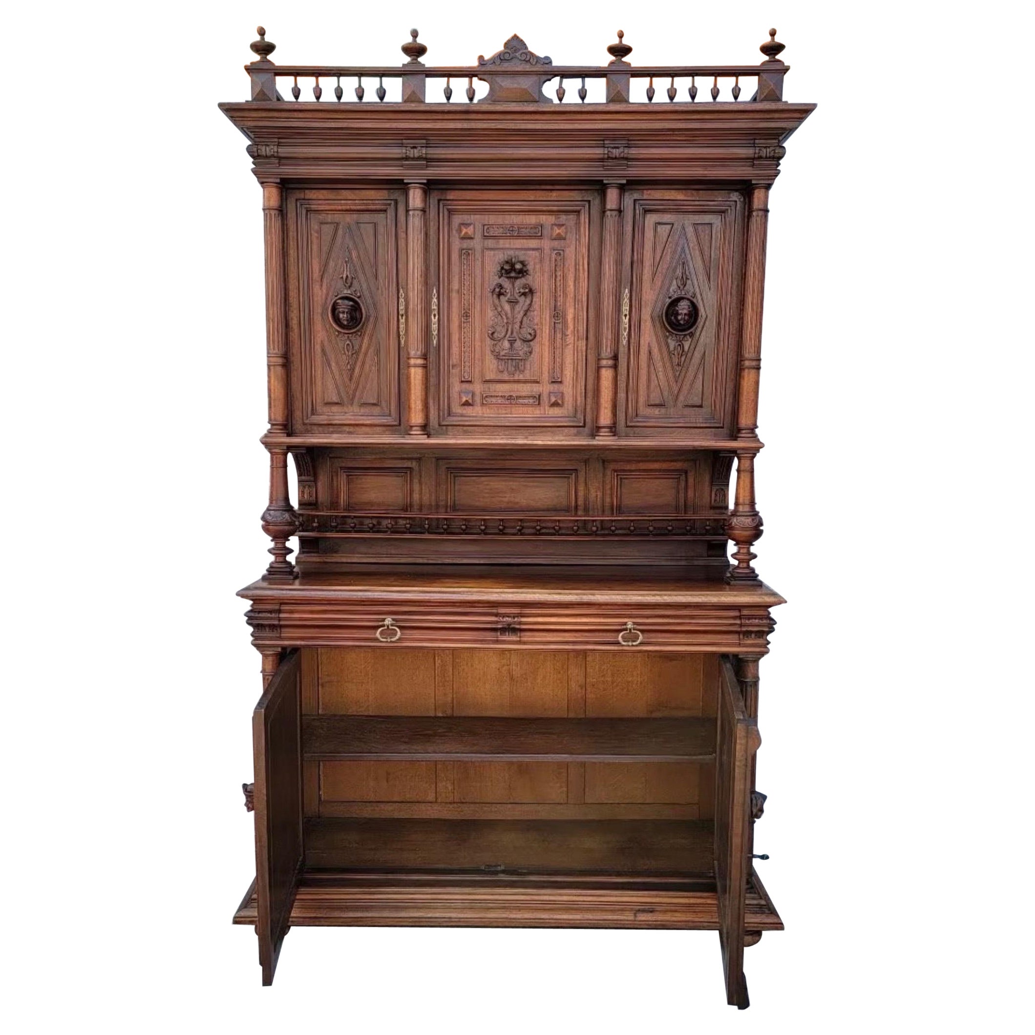 Antique French Gothic Figural Carved Walnut Chateau Buffet Sideboard Cabinet For Sale